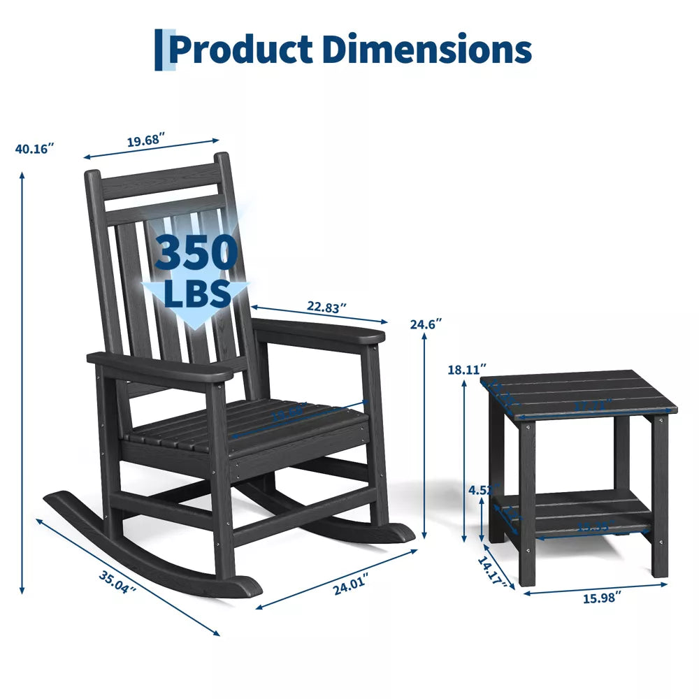 Set of 2 HDPE Rocking Chairs with Side Table, All-Weather High Back Outdoor Rockers, Poly Lumber Patio Furniture for Porch & Garden, Black
