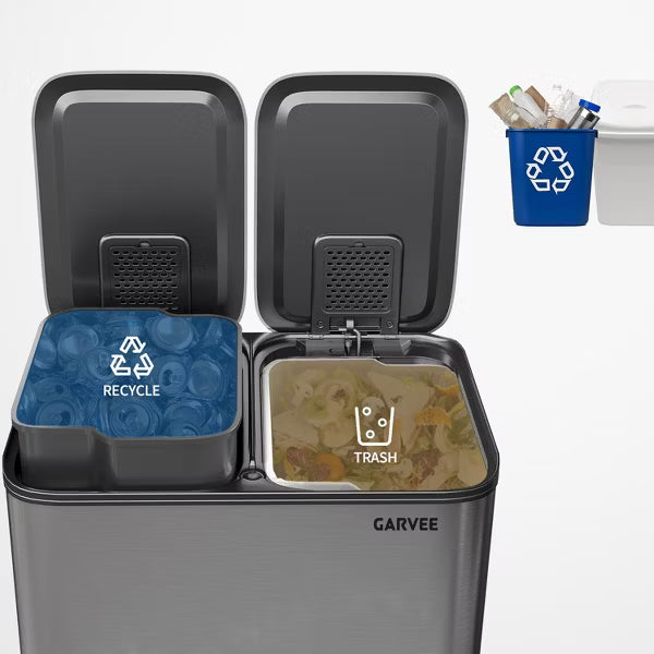 Garvee 2 x 8 gal Dual Compartment Step Trash Can, Fingerprint-Resistant Soft-Close Stainless Steel Recycling Bin, Gray, 2 x 30L