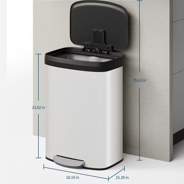 16 Gal Steel Kitchen Trash Can, Garbage Can with Lid, Large Capacity for Home or Office, White