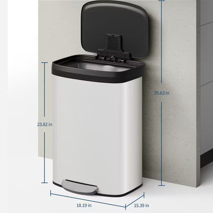 16 Gal Steel Kitchen Trash Can, Garbage Can with Lid, Large Capacity for Home or Office, White