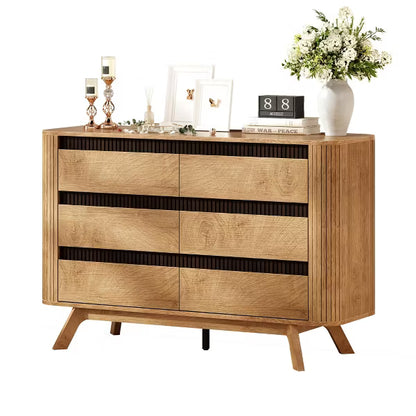 Qwatto 6 Drawer Dresser for Bedroom 47.2" Wide Fluted Chest of Drawers Modern Curved Design Clothes Storage Organizer Hallway Room Natural Oak Finish