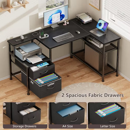 Qwatto 49" Black L Shaped Computer Desk with 2 Drawers and Charging Station Corner Gaming Desk with Storage Shelves Home Office Writing Workstation