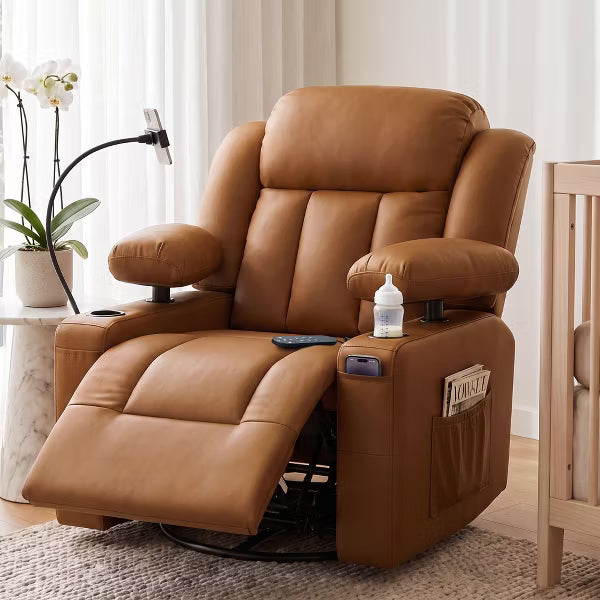 TYBOATLE Swivel Glider Recliner Chair - Brown Faux Leather - Manual Rocker with Adjustable Footrest & Remote Control for Nursing