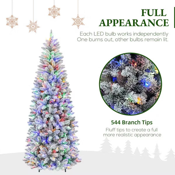 VIVATREES 7.5ft Prelit Artificial Christmas Tree Slim Snow-Flocked with Dual Color Featuring 10 Lighting Modes Metal Stand Hinged Holiday Pine