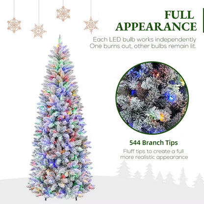 VIVATREES 7.5ft Prelit Artificial Christmas Tree Slim Snow-Flocked with Dual Color Featuring 10 Lighting Modes Metal Stand Hinged Holiday Pine