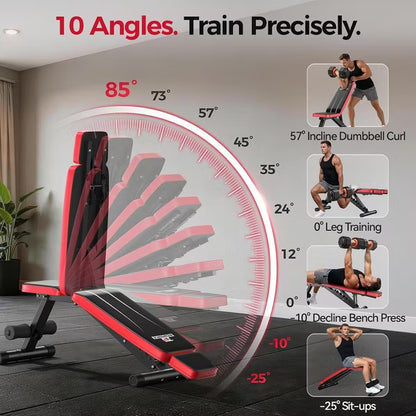 FED FITNESS Weight Bench with Headrest,Dual-Support Workout Bench with 10 Backrests and 660LBS Weight Capacity,Dumbbell & Strength Training