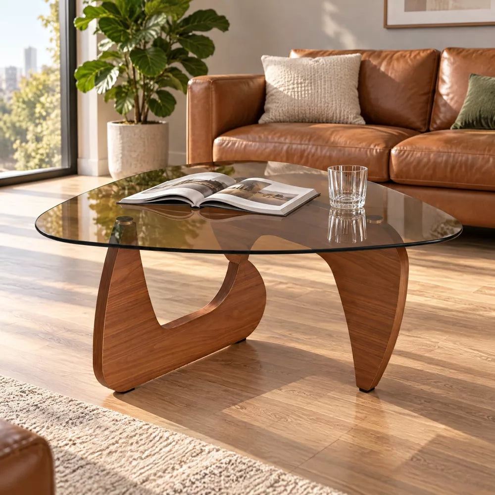 Small Farmhouse Glass Coffee Table, Mid-Century Modern Wood Center Table & Living Room Furniture for Apartment & Dorm, Rich Walnut & Amber Glass