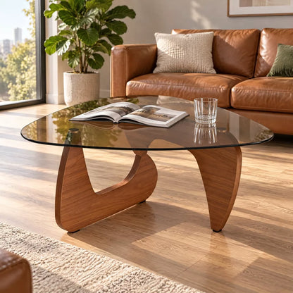 Small Farmhouse Glass Coffee Table, Mid-Century Modern Wood Center Table & Living Room Furniture for Apartment & Dorm, Rich Walnut & Amber Glass