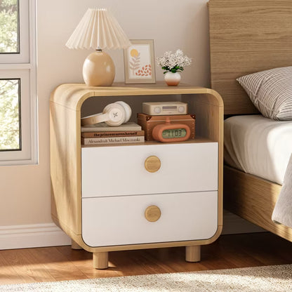 Qwatto Modern Curved Nightstand with Drawers Bedside Table Accent End Table Side Table Storage Organizer for Bedroom Living Room Elm White