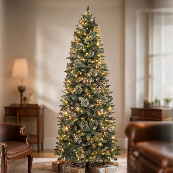 VIVATREES 6ft Prelit Christmas Tree Artificial Pine Needles Pencil Warm White LED Lights Metal Stand Hinged Branches for Holiday Decor
