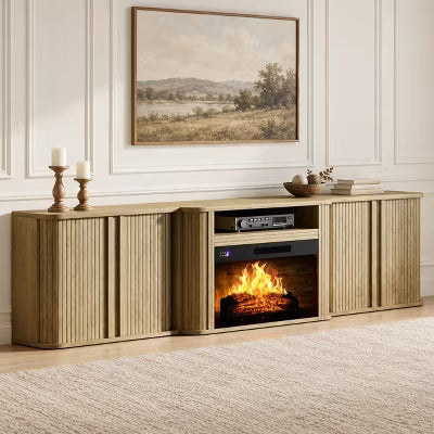 AMERLIFE 97" Fluted Fireplace TV Stand with Sliding Doors and Adjustable Storage, Oak