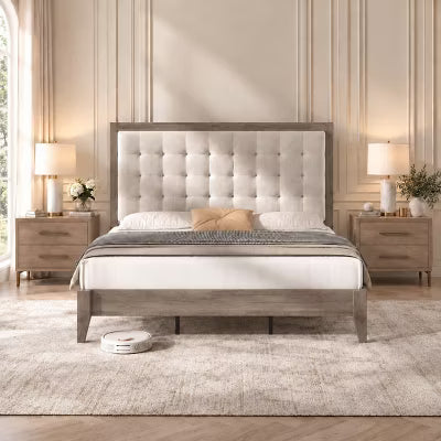 AMERLIFE Queen Solid Wood Platform Bed with 50" Tufted Wingback Headboard, Ash Gray