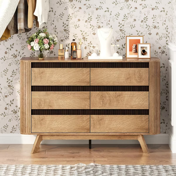 Qwatto 6 Drawer Dresser for Bedroom 47.2" Wide Fluted Chest of Drawers Modern Curved Design Clothes Storage Organizer Hallway Room Natural Oak Finish