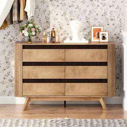 Qwatto 6 Drawer Dresser for Bedroom 47.2" Wide Fluted Chest of Drawers Modern Curved Design Clothes Storage Organizer Hallway Room Natural Oak Finish