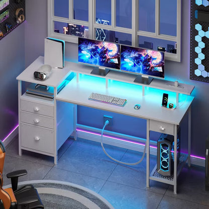 Qwatto 60'' White Computer Desk with Charging Station Gaming Desk LED Lights 4 Drawers File Cabinet Storage Home Office Work Table Modern Bedroom