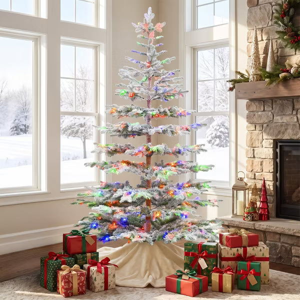 Vivatrees 7.5FT Pre-Lit Flocked Christmas Tree Artificial Xmas Snow Pine with Warm White Multi Color LED Lights Metal Base for Home Office Holiday