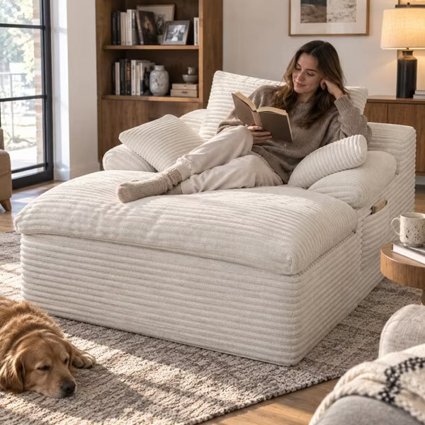 65" Oversized Boneless Chaise Lounge Chair with Side Pocket and 3 Pillows, Cloud Corduroy Chaise Reading Chair Bed Sleeper Couches for Living Room