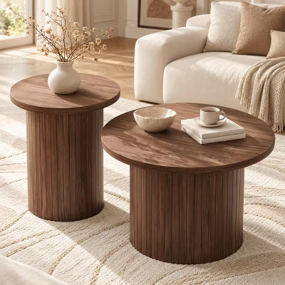AMERLIFE 2-Piece Round Nesting Coffee Table Set with Fluted Pedestal Base, Walnut