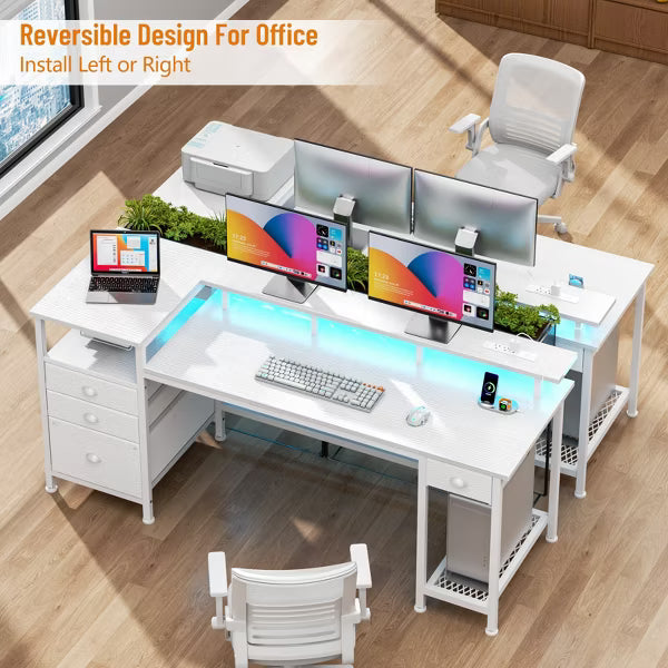 Qwatto 60'' White Computer Desk with Charging Station Gaming Desk LED Lights 4 Drawers File Cabinet Storage Home Office Work Table Modern Bedroom