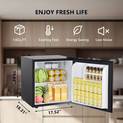 Simzlife 1.6 cu. ft. Mini Fridge with Freezer, Single Reversible Door, 2 Zone, Low Noise, Compact Dorm Freezer, Black