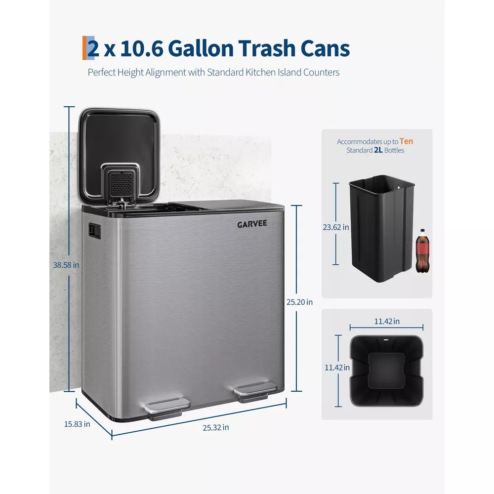 Trash Can, 2 x 10.6 Gal Dual Compartment Stainless Steel Kitchen Step Bin with Soft-Close Lid, Recycling & Garbage Combo for Home