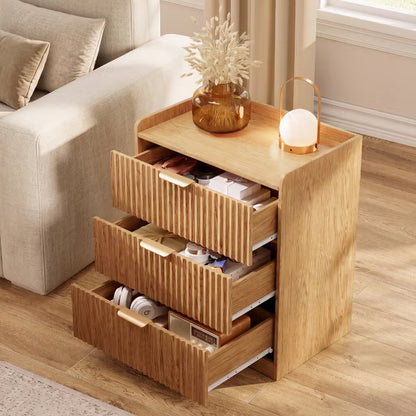 Qwatto Natural Oak 3 Drawer Fluted Nightstand Modern Wood Bedside Table Accent Dresser Chest of Drawers with Metal Handles for Bedroom and Entryway