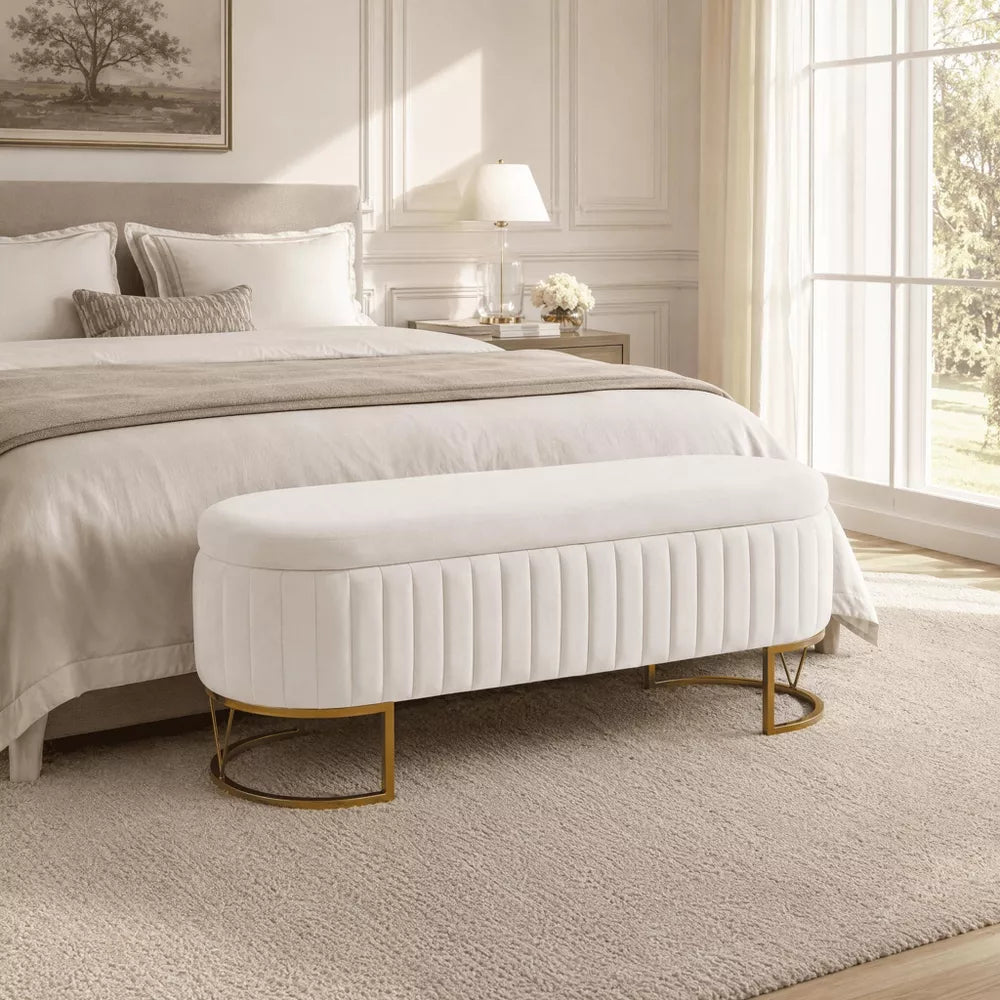 Laukingdom Storage Bench, Velvet Oval Upholstered End of Bed Bench with Golden Metal Legs, Modern Storage Ottoman Bench for Bedroom,Living Room, Ivory