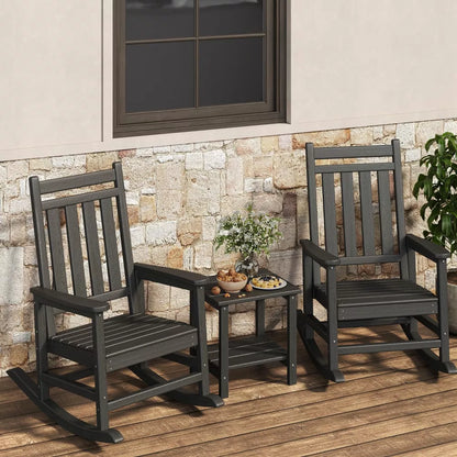 Set of 2 HDPE Rocking Chairs with Side Table, All-Weather High Back Outdoor Rockers, Poly Lumber Patio Furniture for Porch & Garden, Black
