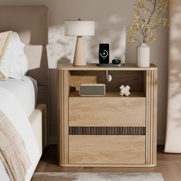 Qwatto Natural Oak Nightstand Charging Station 2 Drawers Roller Blind Design Rounded Modern Bedside Table Mid Century End Table Bedroom Storage
