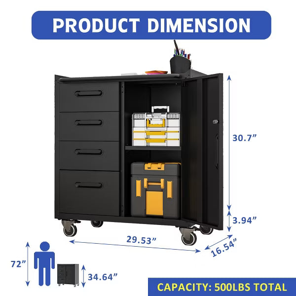 VIYET 35" Rolling Tool Storage Cabinet with Drawers, Adjustable Shelf & Lockable Wheels, Heavy Duty Metal Garage Organizer