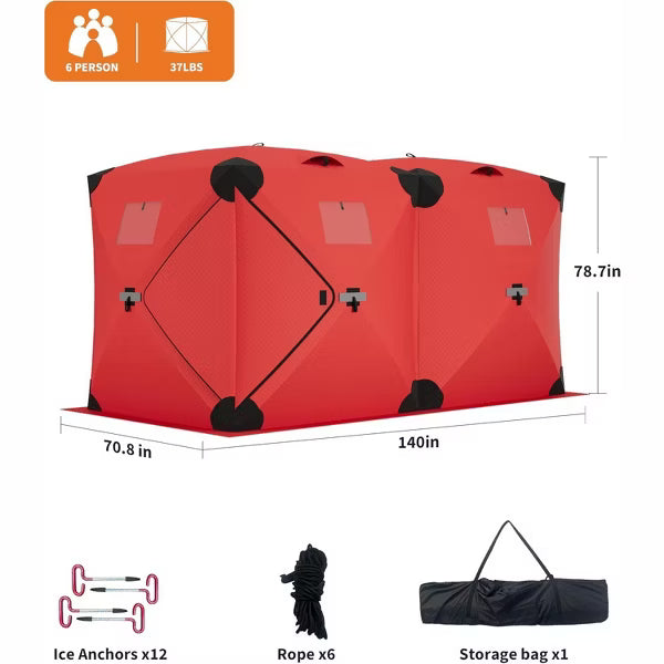 Garvee Pop Up Ice Fishing Tent, 4-8 Person Windproof Insulated Shelter, 68 Sq Ft Fishable Area, Hub-Style Shanty for Winter