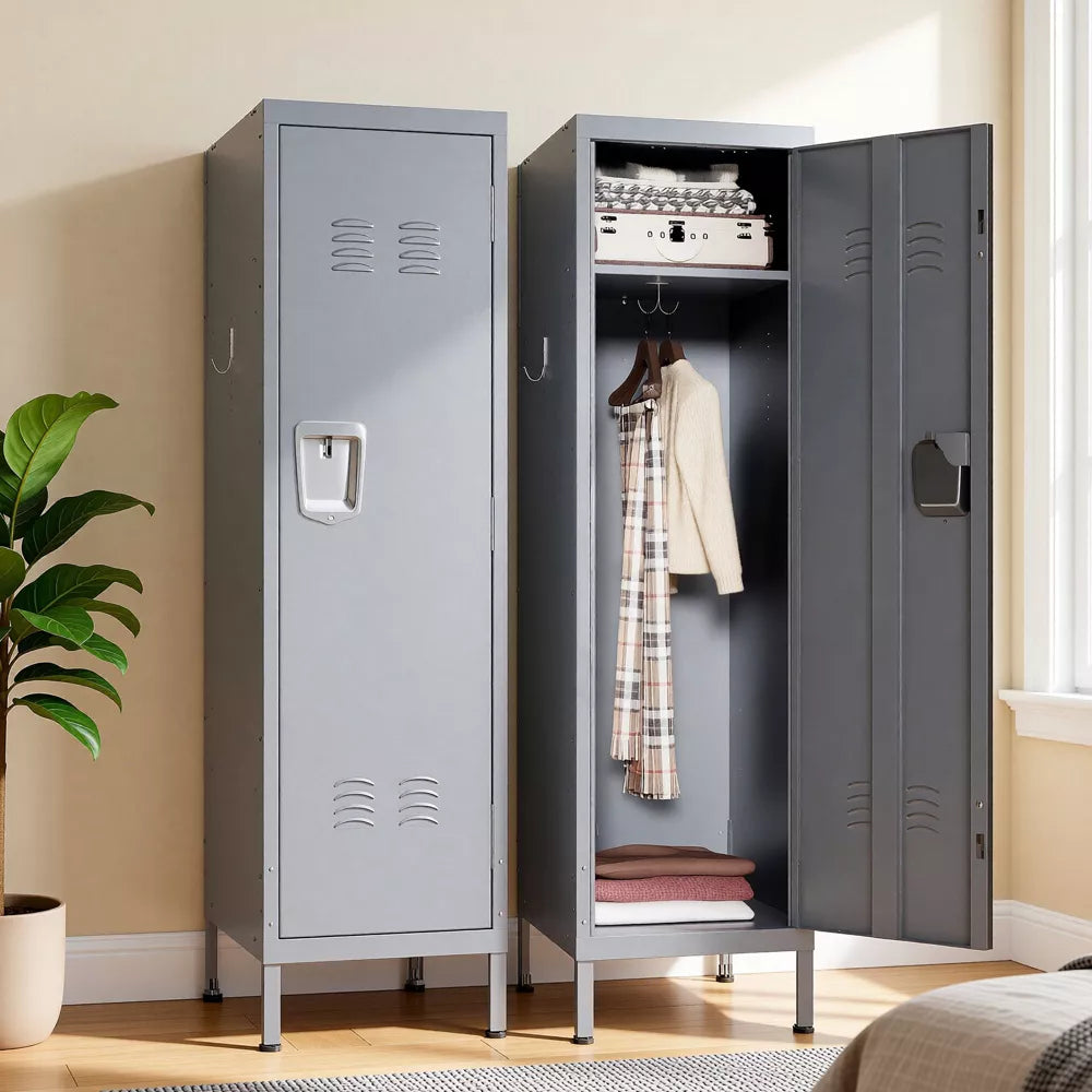VIYET 55" Steel Wardrobe Cabinet, Slim Metal Clothing Storage Locker with Ventilated Door, Side Hooks & Anti-Tip Kit, Gray