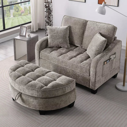 Premium Corduroy Convertible Sofa Bed with Storage Ottoman, Cozy Loveseat Sleeper for Living Room, Dorm, Apartment - Warm Taupe