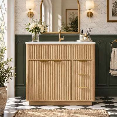 AMERLIFE 36" Bathroom Vanity with Integrated Sink, 3 Drawers and Fluted Front, Natural Oak