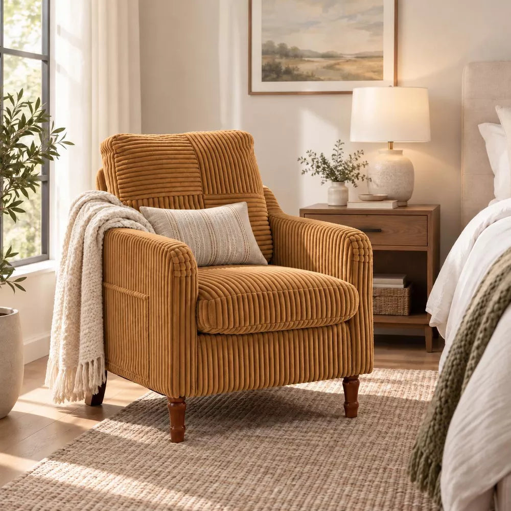 Accent Chair with Solid Wood Legs, Mid-Century Modern Upholstered Reading Chair, Scooped Armchair for Living Room, Bedroom, Apartment, khaki