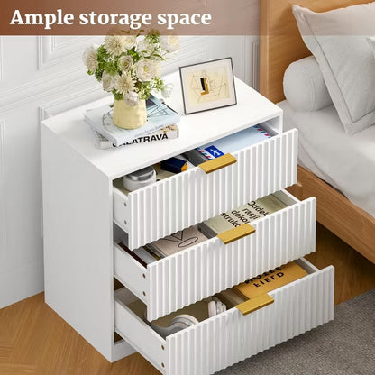 Qwatto 27'' Wide White Nightstand 3 Drawers Modern Fluted Wood Bedside Table Large Storage Accent Cabinet Dresser For Bedroom Living Room Home
