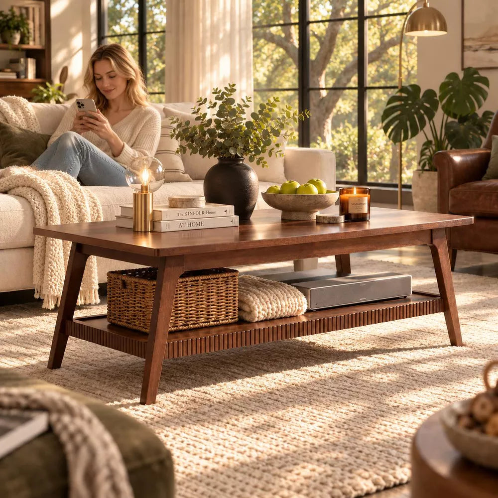 LauKingdom Walnut 47.24" Solid Wood Coffee Table Rectangular with Lower Storage Shelf Mid-Century Modern for Living Room Apartment