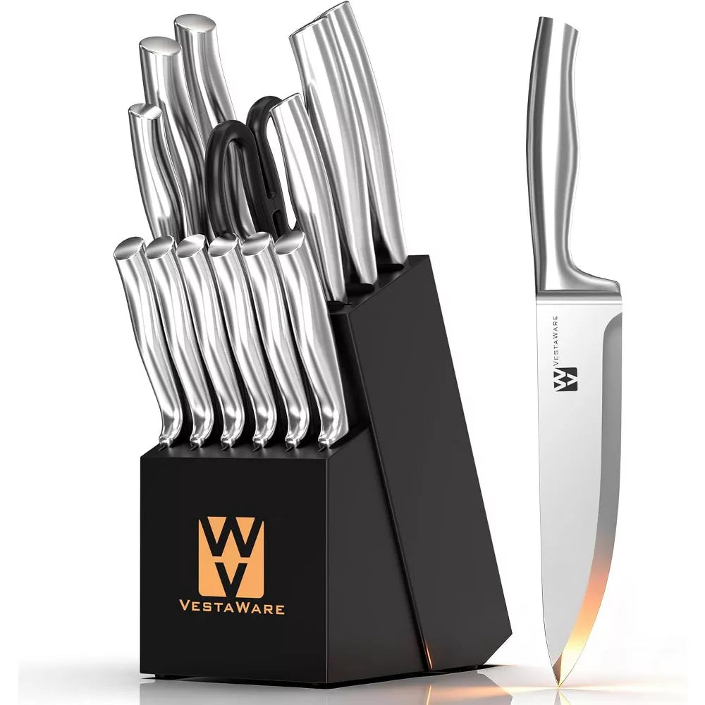 Vestaware Knife Block Set, Razor-Sharp Kitchen Knife Sets, Stainless Steel Knife Set with Block, Dishwasher Safe, 14PCS, Black, Apartment Essentials