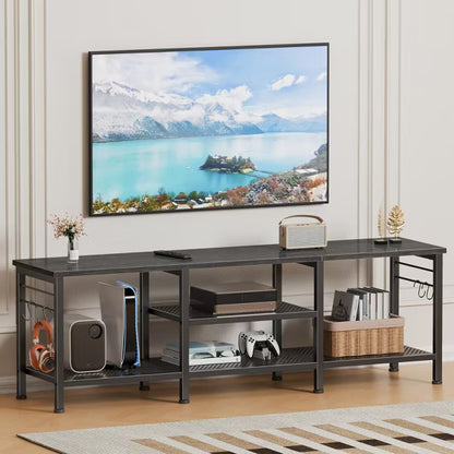 Qwatto 55 Inch Black Oak TV Stand for TVs up to 65 Inch Media Console Entertainment Center Open Storage Shelves Soundbar Shelf Modern Living Room Unit