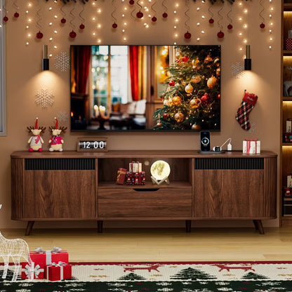 Qwatto 62'' Media Console TV Stand For TVs Up To 65'' Tambour Sliding Door Storage Cabinet With Charging Station Wood Legs Modern Entertainment Unit