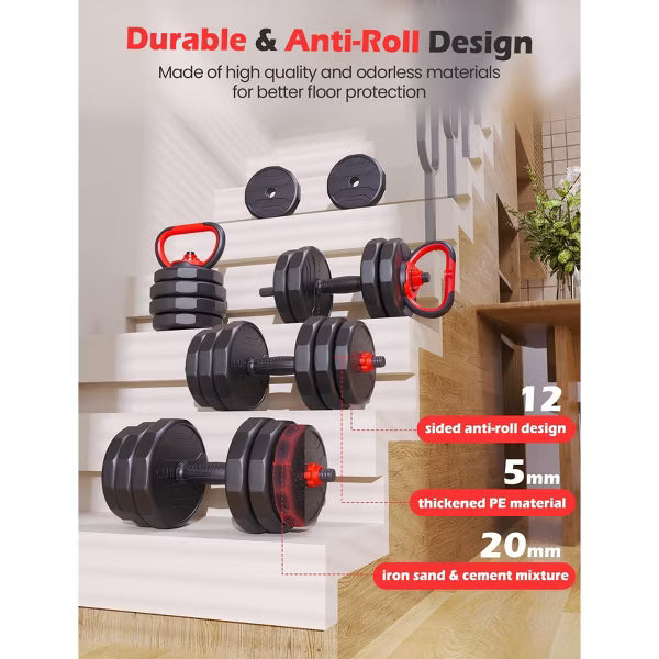 FED FITNESS 55LBS Adjustable Dumbbell Set, 5-in-1 Free Weights with Barbell Connector,Kettlebell, Push-Up Stand & Weight Plates for Home Gym Workouts