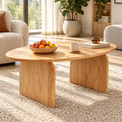 Modern Oval Coffee Table Solid Pine Wood Natural Finish Curved Legs Center Table for Living Room Apartment Small Spaces Home Office