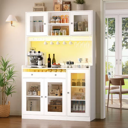 Qwatto 71" Kitchen Pantry Cabinet with Charging Station and LED Lights Tall Freestanding Kitchen Hutch with storage Rack Microwave Stand White Cabinet