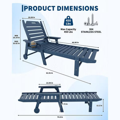 Folding Adirondack chairs, polywood 5-Level Adjustable Reclining Chair with footrest, Wheels & Cup Holder, Patio Leisure Chair, Navy blue, 1-Pack