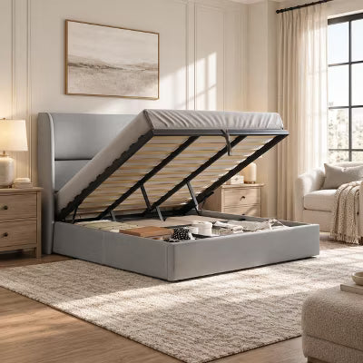 AMERLIFE King Upholstered Lift-Up Storage Bed with Wingback Headboard, Light Grey