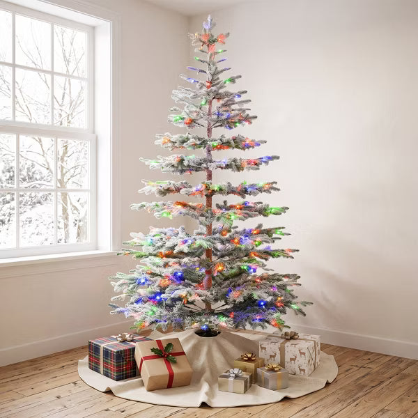 Vivatrees 9FT Pre-Lit Flocked Christmas Tree Artificial Xmas Snow Pine with Warm White Multi Color LED Lights Metal Base for Home Office Holiday