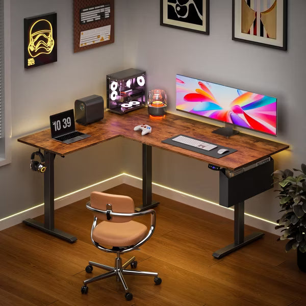Qwatto L Shaped Electric Standing Desk 63 Inch Height Adjustable Sit Stand Corner Computer Table Reversible Memory Presets Ergonomic Home Office Desk
