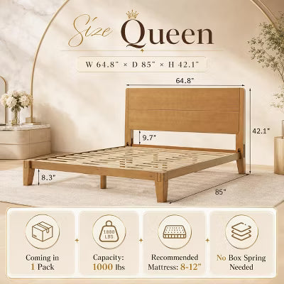 AMERLIFE Queen Solid Wood Platform Bed Frame with Headboard, Japanese Joinery, Brown