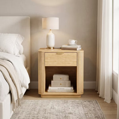 Qwatto Modern Fluted Nightstand Bedside Table with USB Charging Station Storage Drawer Open Shelf End Table for Bedroom Living Room Natural Oak Wood