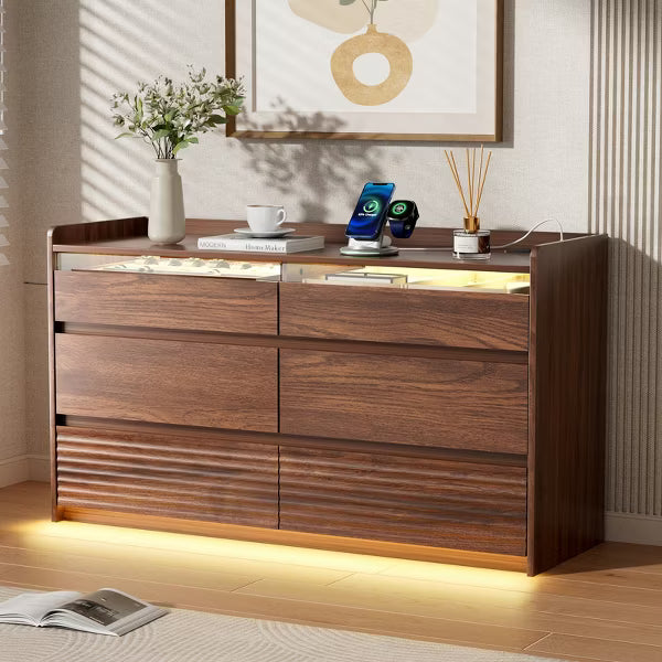 Qwatto 47" Walnut 6 Drawer Dresser Wide Wood Chest of Drawers Storage Cabinet with Charging Station and RGB LED Lights Bedroom Living Room Furniture